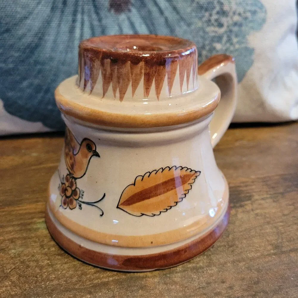 Mexican Pottery Candlestick Holder with Pretty Bird - 1980's